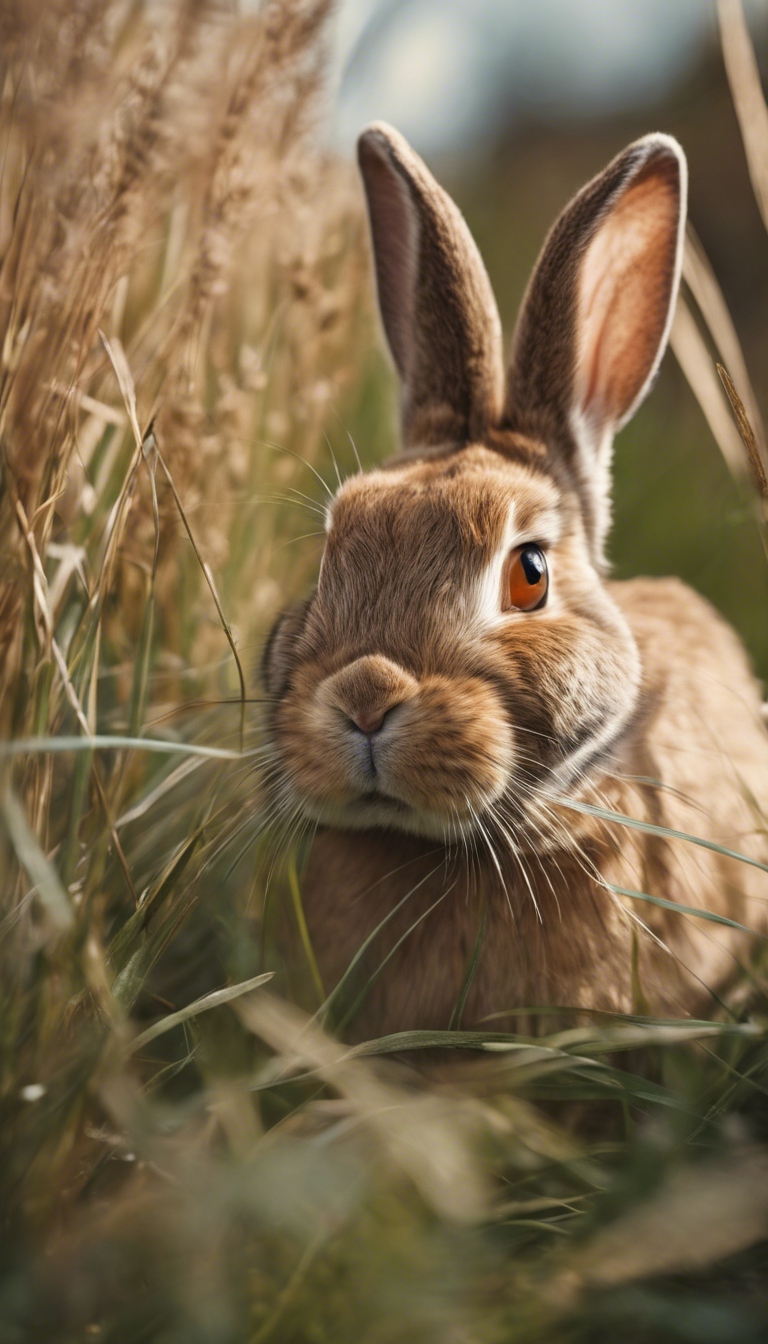 A light brown rabbit hiding in tall grass, peeking toward the viewer. Wallpaper[a1f6095a442d46bb92c2]