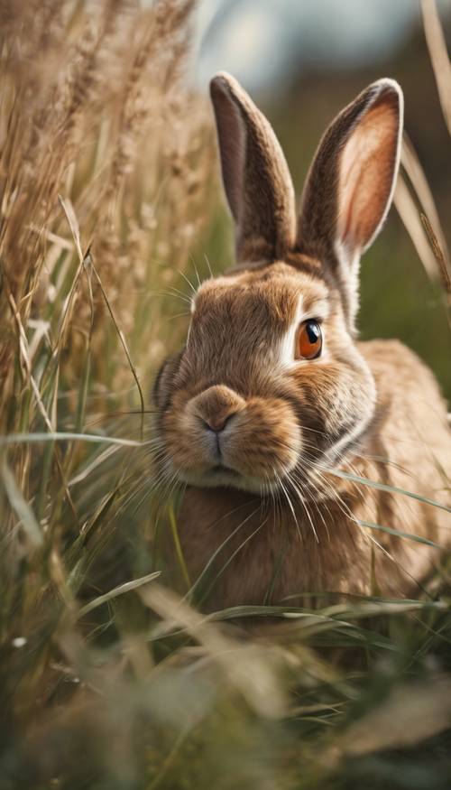 Jasnobrązowy królik ukrywający się w wysokiej trawie, zerkający w stronę widza. Tapeta [a1f6095a442d46bb92c2]
