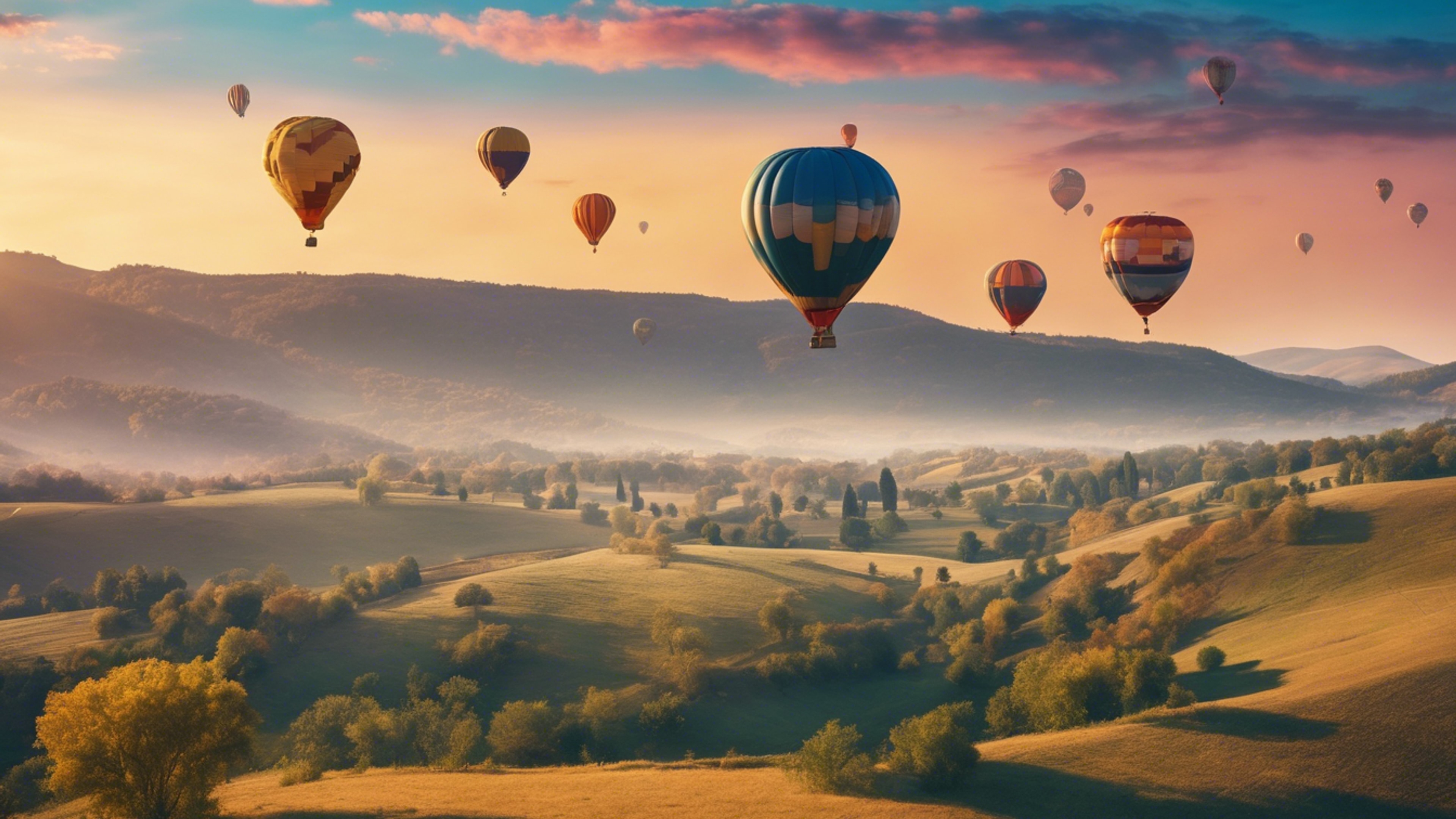 Colorful hot air balloons flying over a valley, where the sun sets and the moon ascends. วอลล์เปเปอร์[d413d50a1c4d46a5a611]