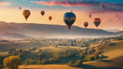 Colorful hot air balloons flying over a valley, where the sun sets and the moon ascends.