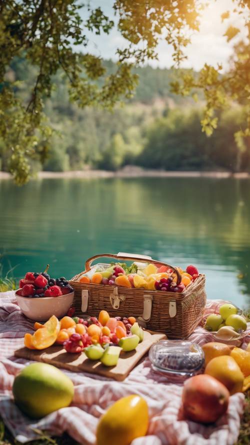 A vibrant summer landscape with picnic blanket covered in colorful fruits and sandwiches set by a clear sparkling lake.