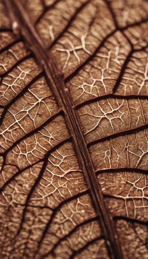 Tampilan makro dari jaringan rumit vena pada daun coklat kering.