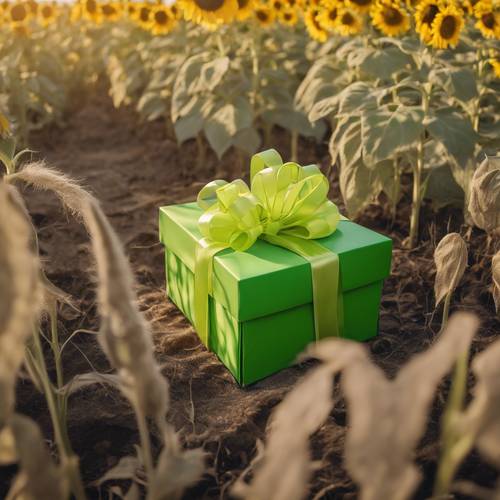 갈색 선물 상자를 감싸고 있는 네온 녹색 리본이 해바라기 밭에 앉아 있습니다.