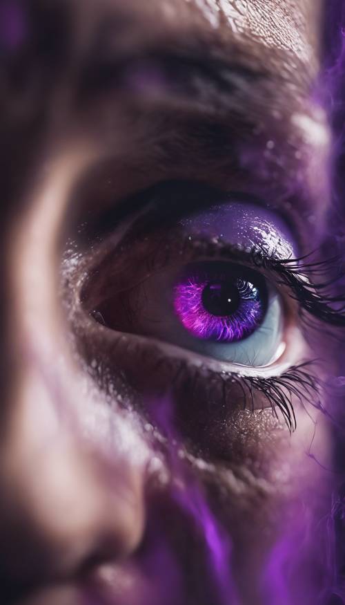 Uma representação abstrata de uma chama roxa refletida no olho de uma pessoa.