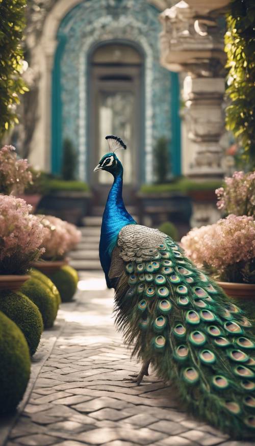 Um pavão majestoso caminhando graciosamente em um jardim Art Déco estilizado e geométrico.