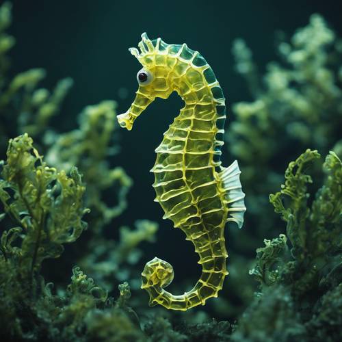 A whimsical seahorse gliding through dark green seaweed under the sea. Tapet [c065ee717f5c41cab463]