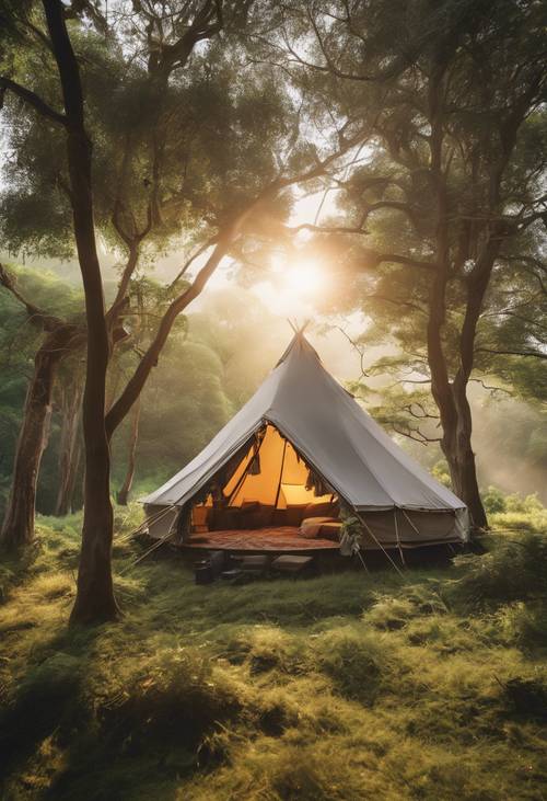 خيمة مفروشة بأسلوب بوهيمي في وسط برية خضراء مورقة عند الفجر، مع تدفق أشعة الشمس من خلال الفتحة.