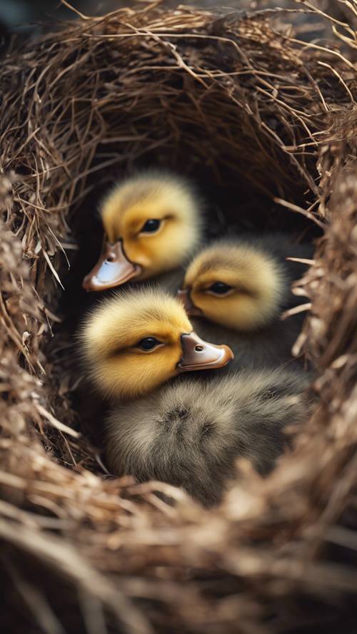 Two shy ducklings huddled together in a nest lined with soft feathers.