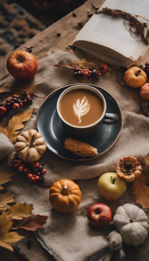 Top-down view of a coffee table, featuring a laid-back Thanksgiving afternoon with hot apple cider and a good book.