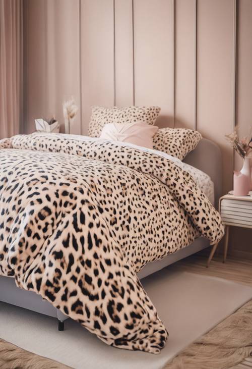 Pastel-toned cheetah print-themed bedding in a minimalist bedroom setting.
