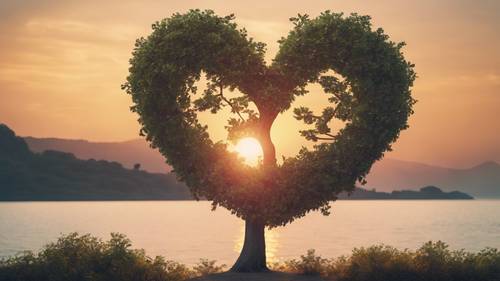 A charming heart-shaped tree on a tranquil island at sunset.