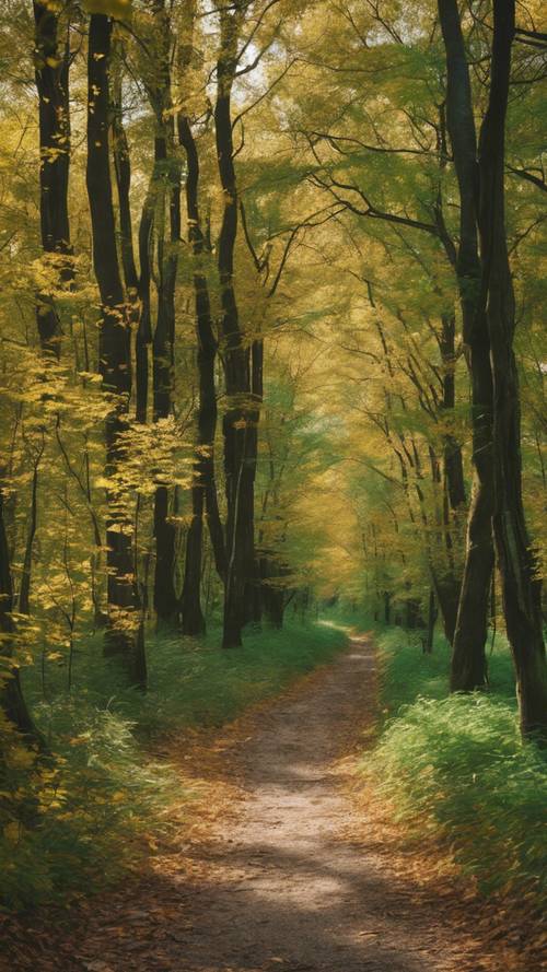 A calm forest path running through a dense emerald green forest during the fall season.