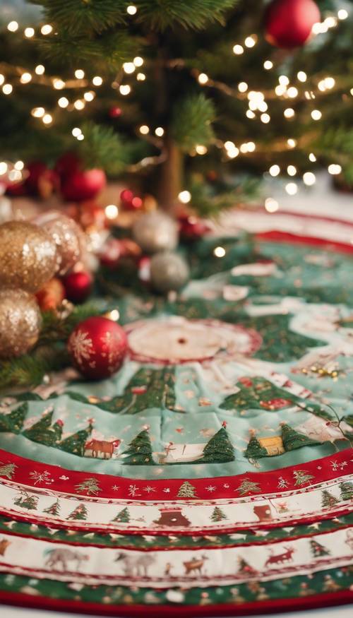 A whimsical Christmas tree skirt, hand-stitched with a pattern telling the story of Santa's journey from the North Pole. Kertas dinding [2fc4a3eb2443482f8ce0]