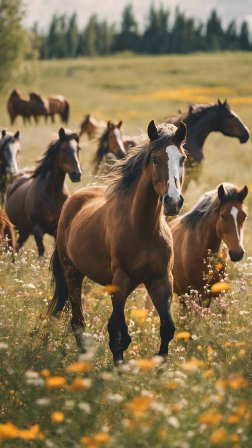 Весной группа диких лошадей свободно бегает по цветущему лугу.