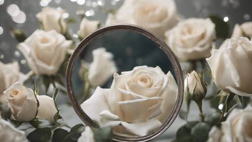 Weiße Rosen bilden den Hintergrund eines handgehaltenen Vintage-Spiegels, der das Spiegelbild einer Frau zeigt.