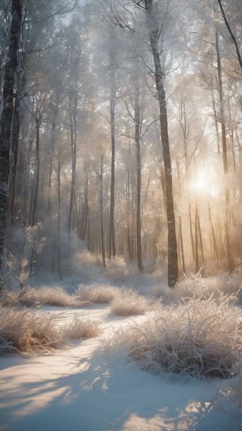 Eine Szene am frühen Morgen eines gefrorenen Waldes, der im Sonnenlicht glitzert.