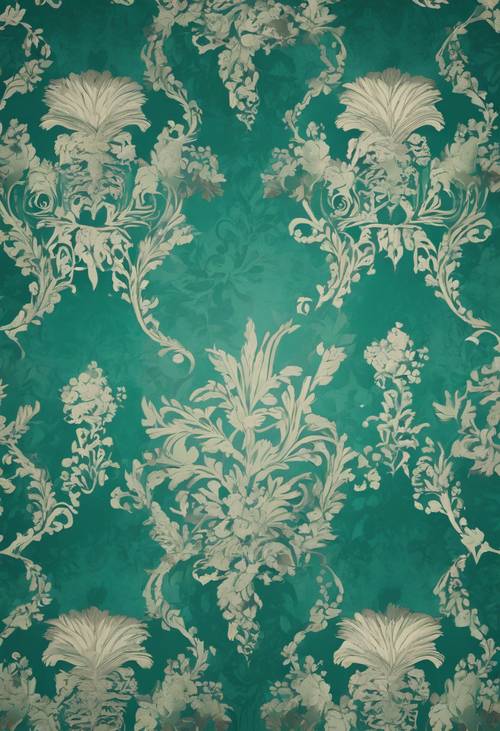 复古维多利亚风格的壁纸设计，采用平静的蓝绿色色调