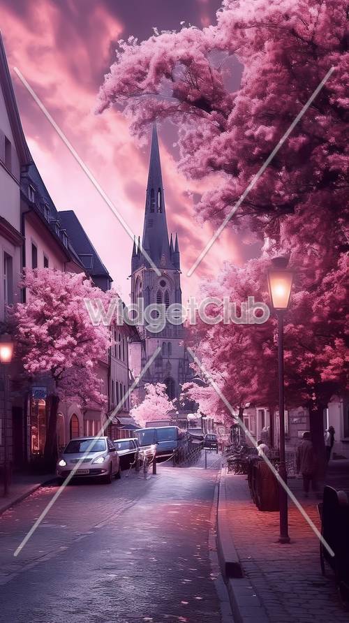 Улица цветущей сакуры в мечтательном розовом городе