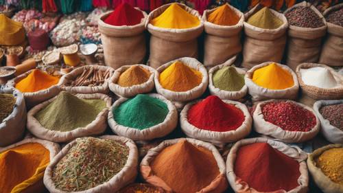 A vibrant market scene with an array of colorful spices and textiles.