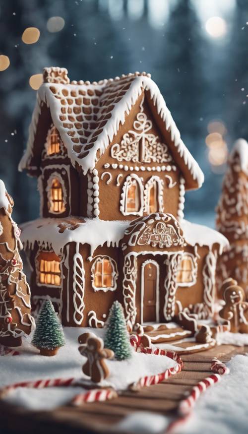 A beautifully decorated gingerbread house set against an idyllic winter backdrop.