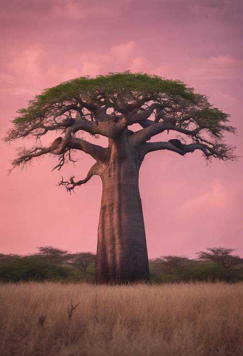 ต้นเบาบับตั้งตระหง่านตัดกับท้องฟ้าสีชมพูเข้ม ซึ่งเป็นสัญลักษณ์ของภูมิประเทศที่เป็นธรรมชาติของแอฟริกา