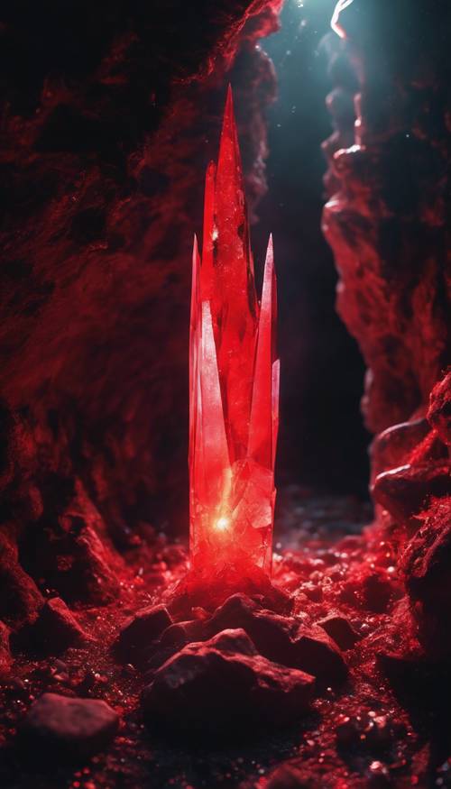 Eine leuchtend rote Aura, die von einem mystischen Kristall in einer dunklen Höhle ausgeht.