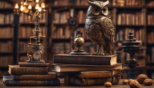 A steampunk inspired library, books filling walnuts of iron-scrollwork shelves and a clockwork owl perched on top