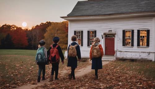 Preppy-Style-Spieler laufen bei einem hellen Vollmond an einem alten Schulhaus in Neuengland vorbei.