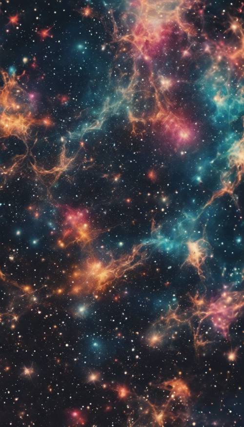 Astrazione ispirata allo stile boho di un cielo notturno stellato pieno di corpi celesti colorati