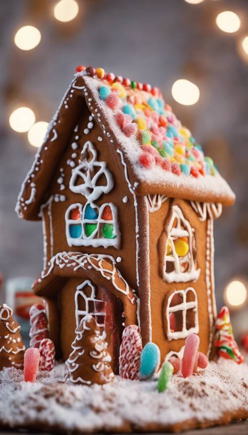 크리스마스 장식으로 알록달록한 사탕과 가루 설탕을 뿌려 장식한 따뜻한 갈색 진저브레드 하우스입니다.