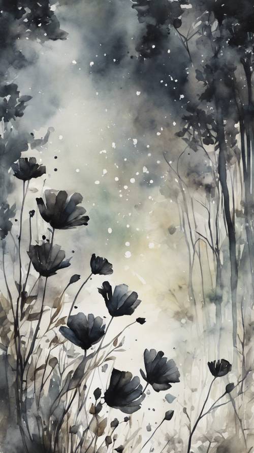Yoğun bir ormanın kalbinde açan siyah çiçekleri tasvir eden rüya gibi bir suluboya resim.