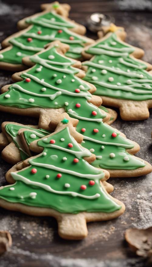 Biscuits en forme de sapin de Noël fraîchement cuits avec glaçage vert.