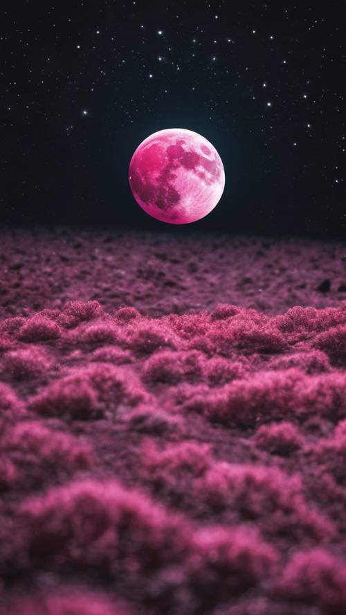 منظر قريب لقمر وردي متوهج في مواجهة سماء الليل المظلمة.