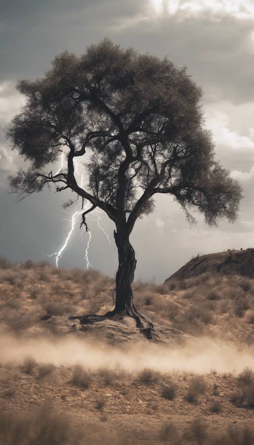 A black lightning bolt striking a lonely tree on a barren hillside.