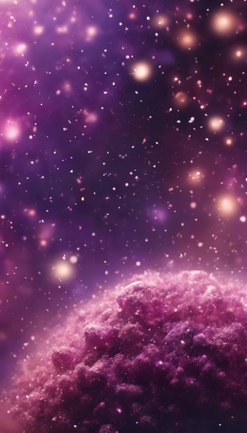 Yumuşak pembeler ve koyu morların tonlarıyla dolu, ışıltılı yıldızlarla serpiştirilmiş geniş bir galaksi.
