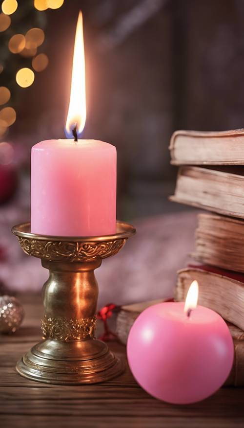 A pink Christmas candle glowing softly on a wooden table near a vintage cookbook. Tapet [95fb3e1e54014857ba44]