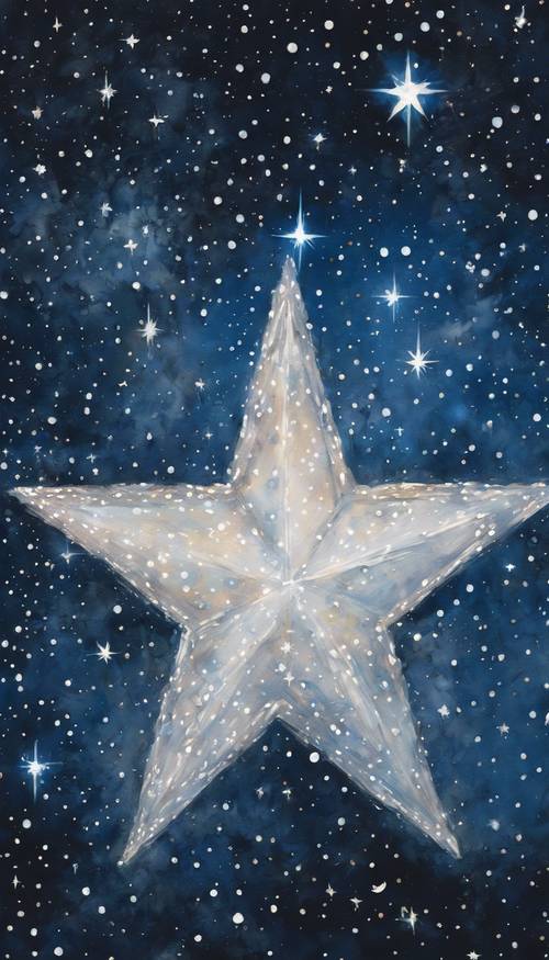 반짝이는 작은 흰색 별들 사이에서 밝게 반짝이는 눈부신 푸른 별을 눈에 띄게 표시하는 맑은 밤하늘을 그린 유화입니다.