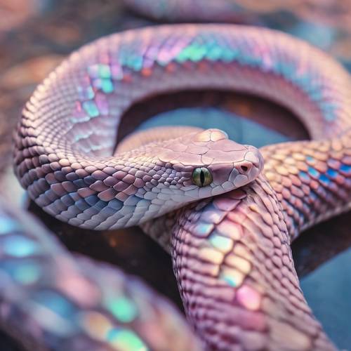 Un serpent aux écailles translucides reflétant une gamme prismatique de teintes pastel.