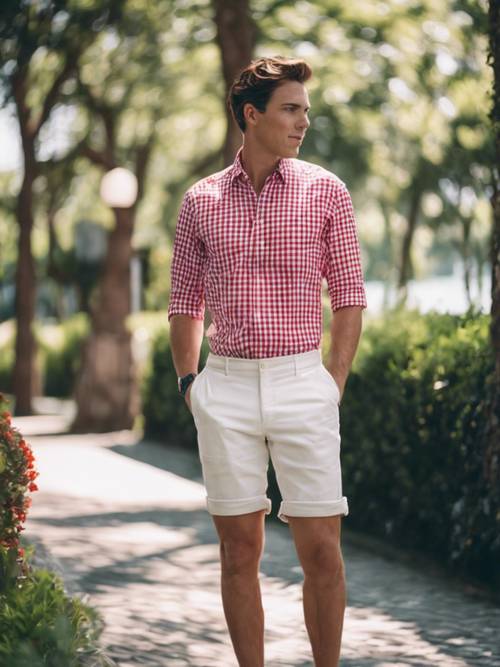 Un outfit estivo preppy, con una camicia a quadretti rossi e pantaloncini chino bianchi.