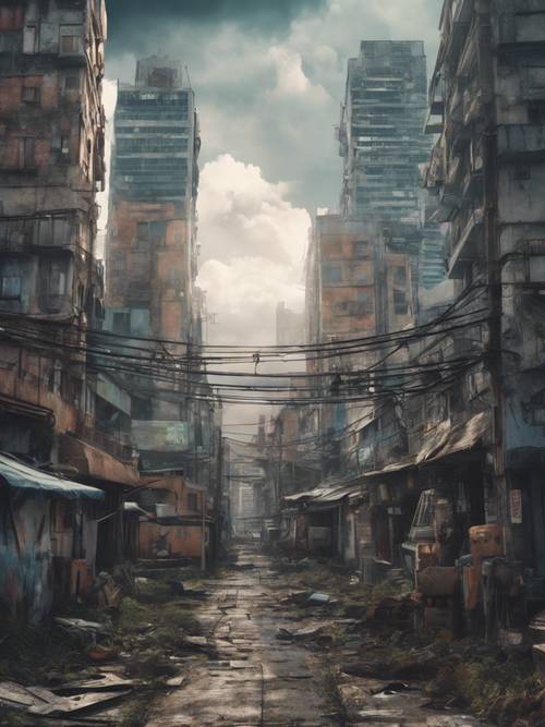 Un paesaggio urbano sgangherato e post-apocalittico in stile anime sotto un cielo coperto di nuvole.