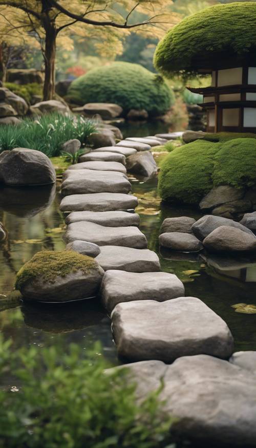 Ein ruhiger, minimalistischer japanischer Garten mit einem Steinpfad und einem kleinen, ruhigen Teich.