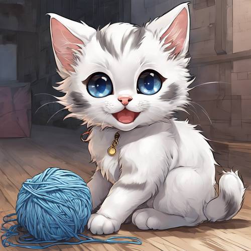 A portrait of a cute anime kitten. The kitten is fluffily white with black patches, with large blue eyes. She's mischievously playing with a ball of yarn.