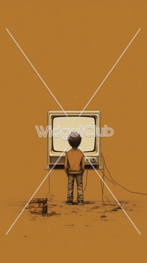男孩在橙色背景下观看老式电视