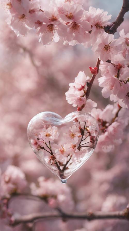 Un delicado corazón de cristal que descansa sobre un lecho de suaves flores de cerezo en plena floración.