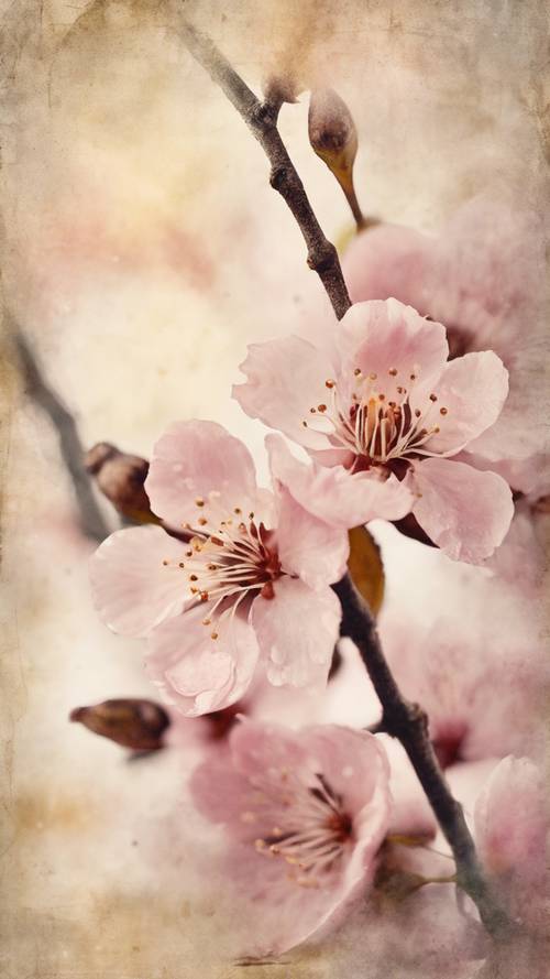 精美的陳年泛黃頁面上畫著精緻的櫻花水彩畫。