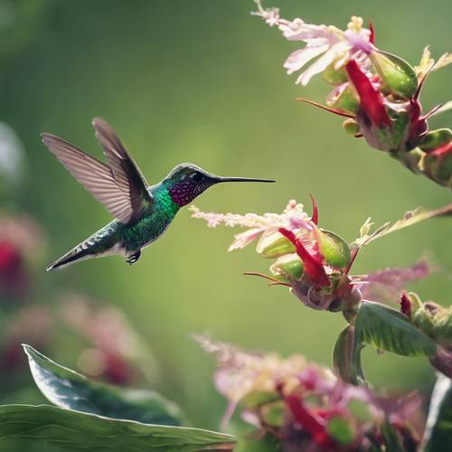 Um colibri animado pairando, prestes a beber de uma flor tropical verde escura.