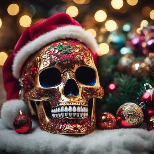 Świąteczny motyw przedstawiający jaskrawą aksamitną czaszkę z dekoracjami świątecznymi