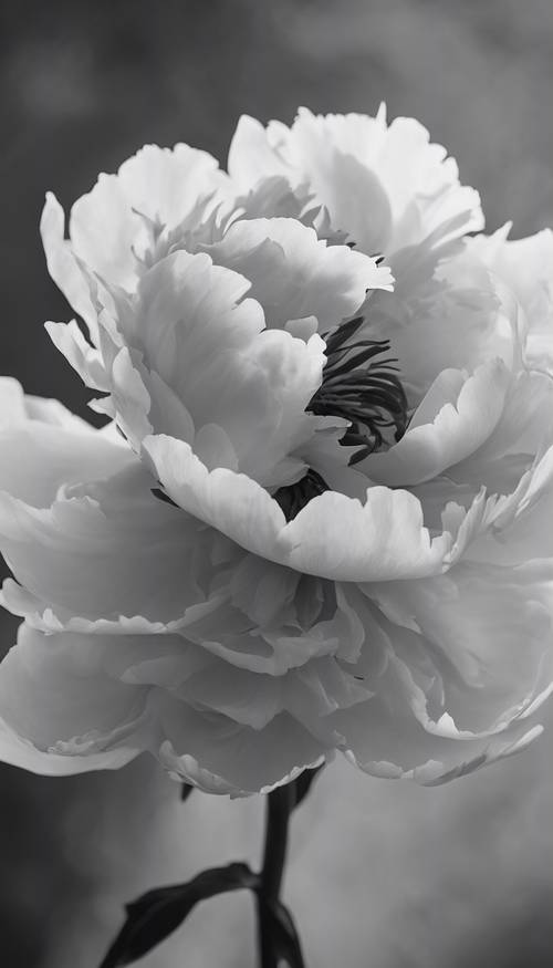 Eine geöffnete Pfingstrosenblüte in starkem Schwarz-Weiß-Kontrast vor einem nebligen Hintergrund.
