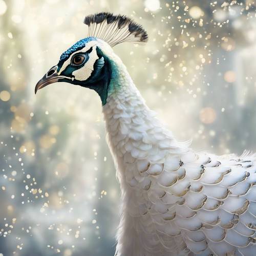 Lukisan realistik burung merak putih yang memamerkan hiasan ekornya yang mempesona.