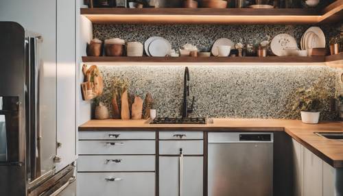 A modern boho kitchen featuring a terrazzo countertop, open wooden shelves, and vintage style appliances.